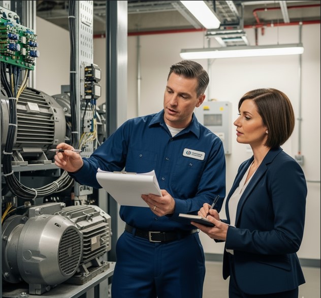 Técnico realizando inspeção em elevador com foco em transparência e economia